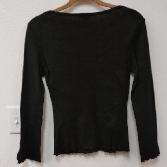 bebe  black cotton top with v neck and leather cord tie up. size L - Picture 3 of 7